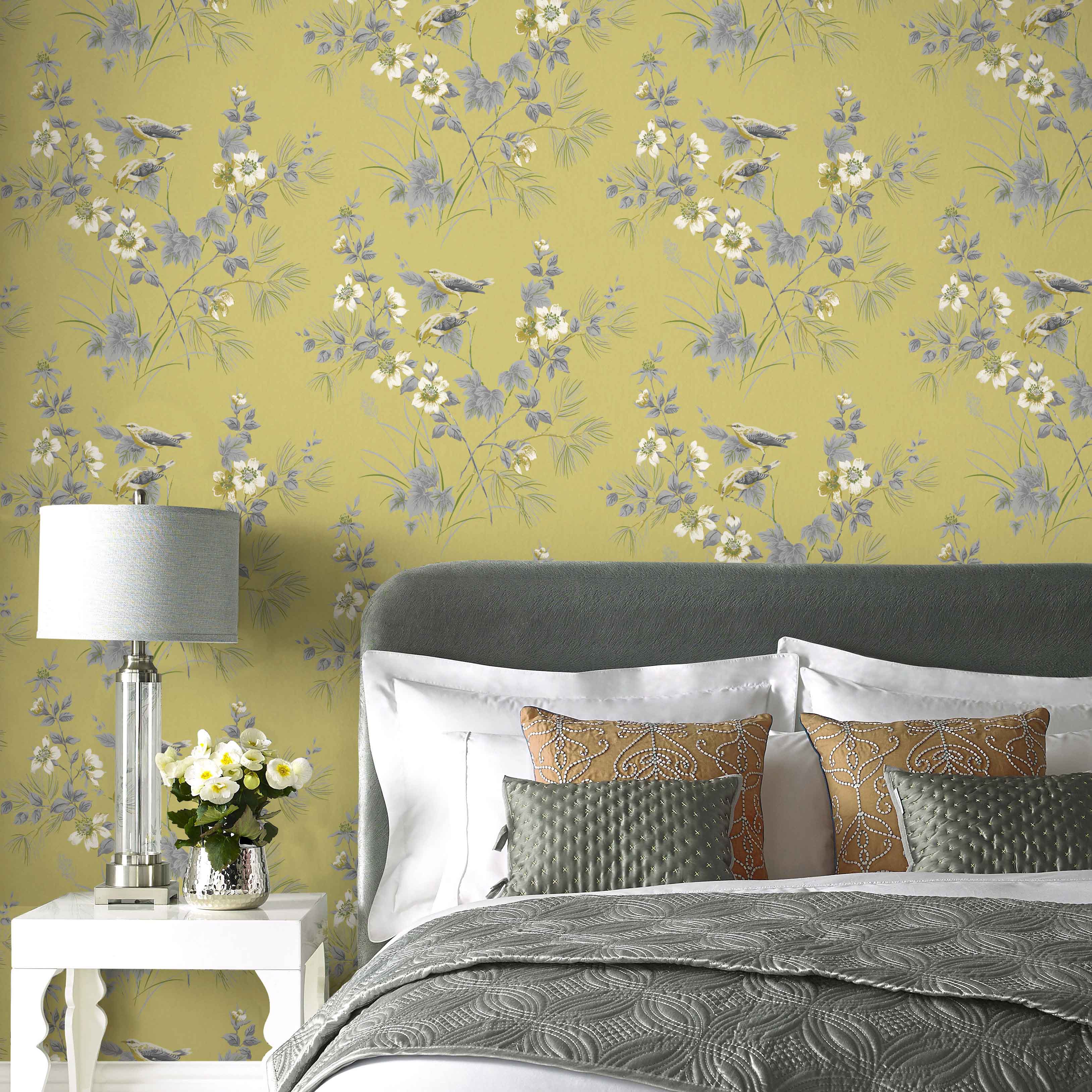 Rosemore Yellow Luxury Bird Wallpaper