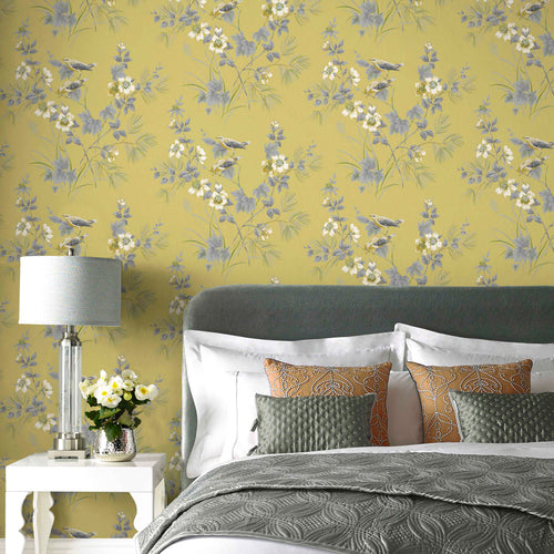 Rosemore Yellow Luxury Bird Wallpaper