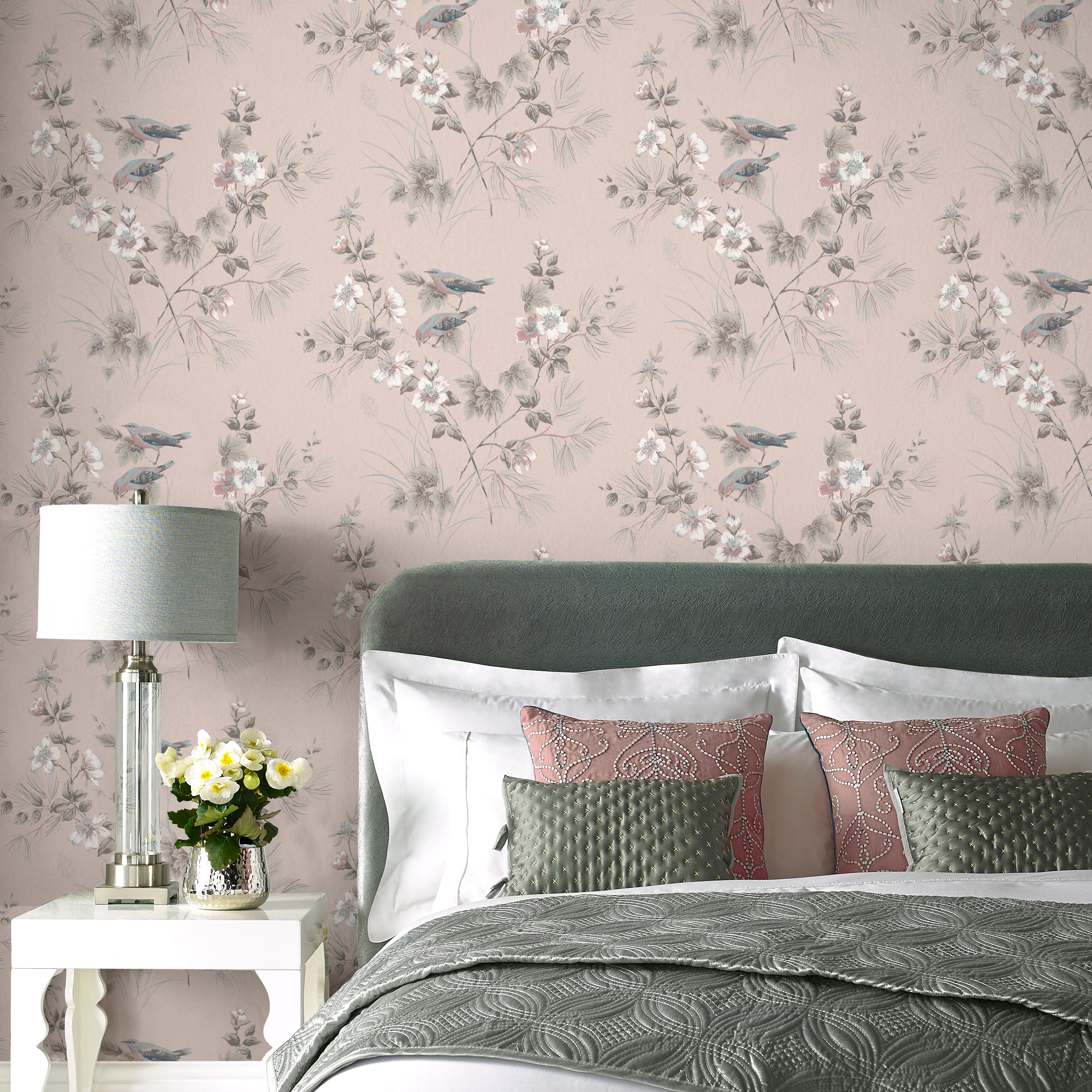 Rosemore Pink Luxury Bird Wallpaper
