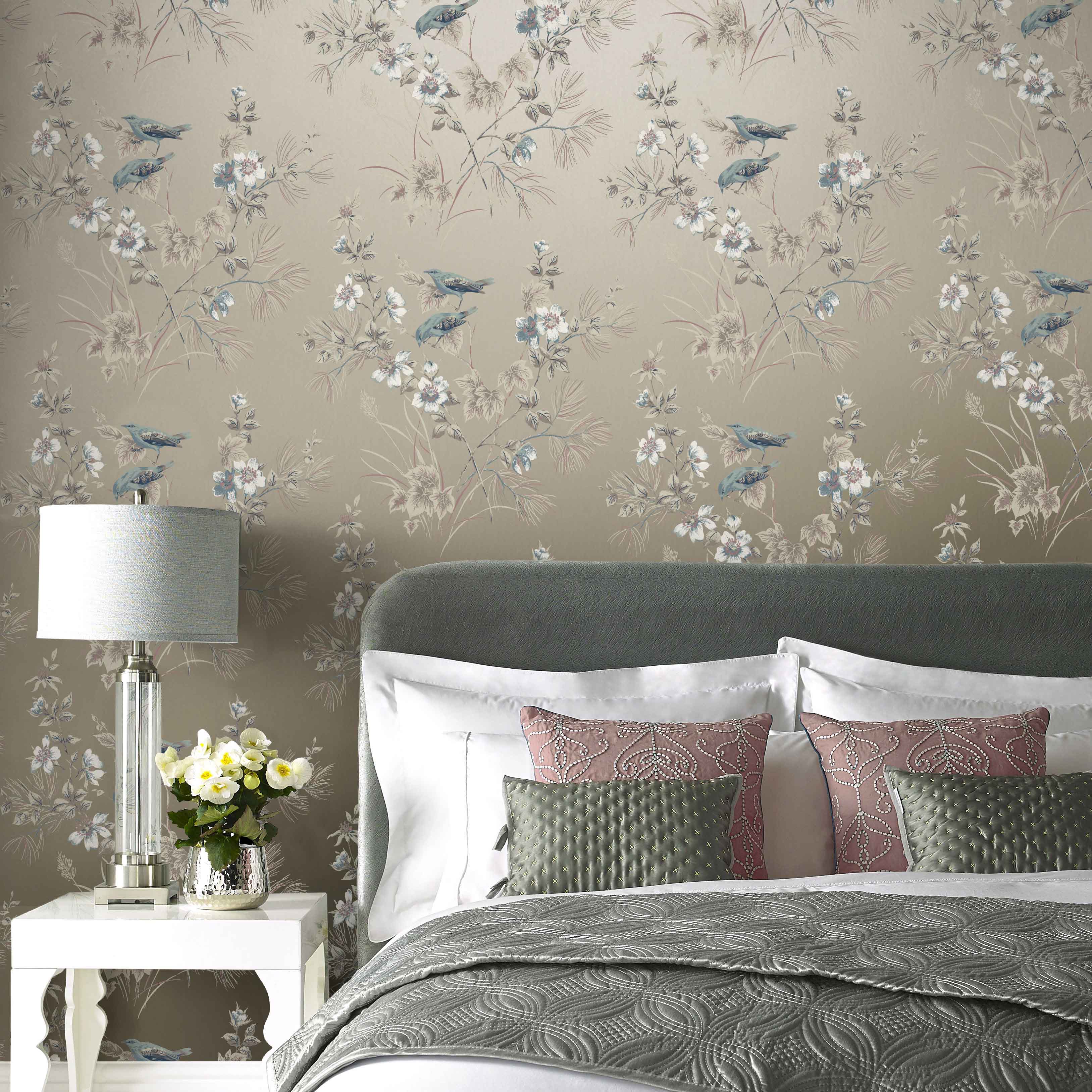Rosemore Taupe Metallic Luxury Bird Wallpaper