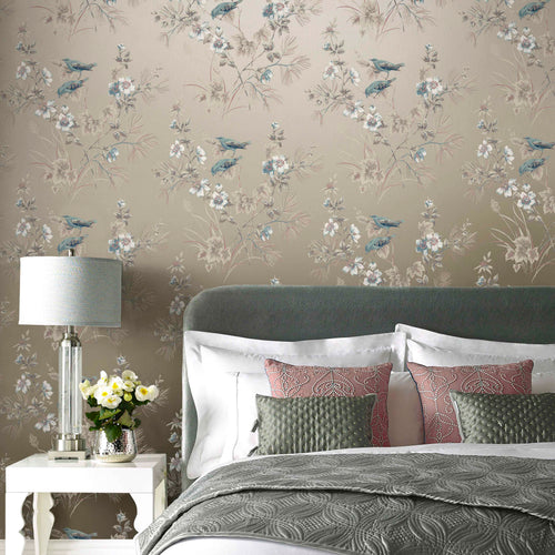 Rosemore Taupe Metallic Luxury Bird Wallpaper