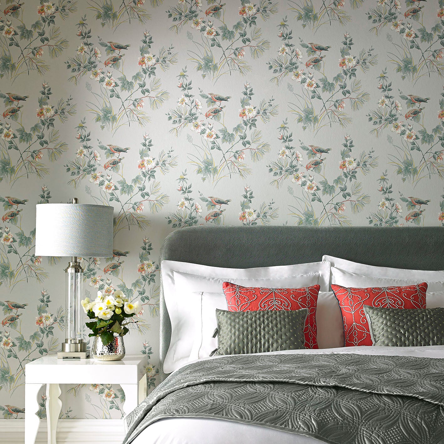 Rosemore Grey Luxury Bird Wallpaper