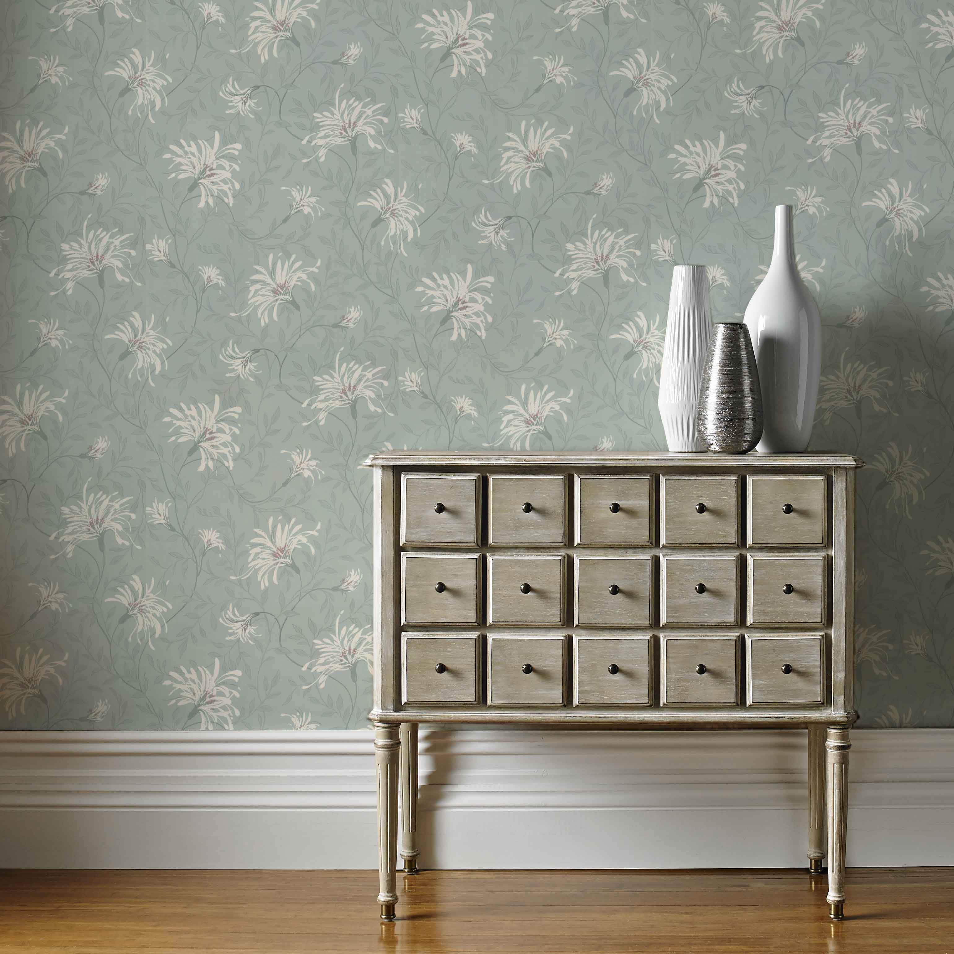 Fairhaven Duck Egg Blue Luxury Floral Wallpaper
