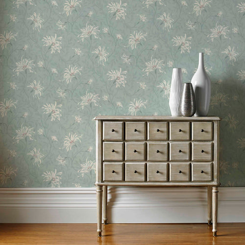 Fairhaven Duck Egg Blue Luxury Floral Wallpaper