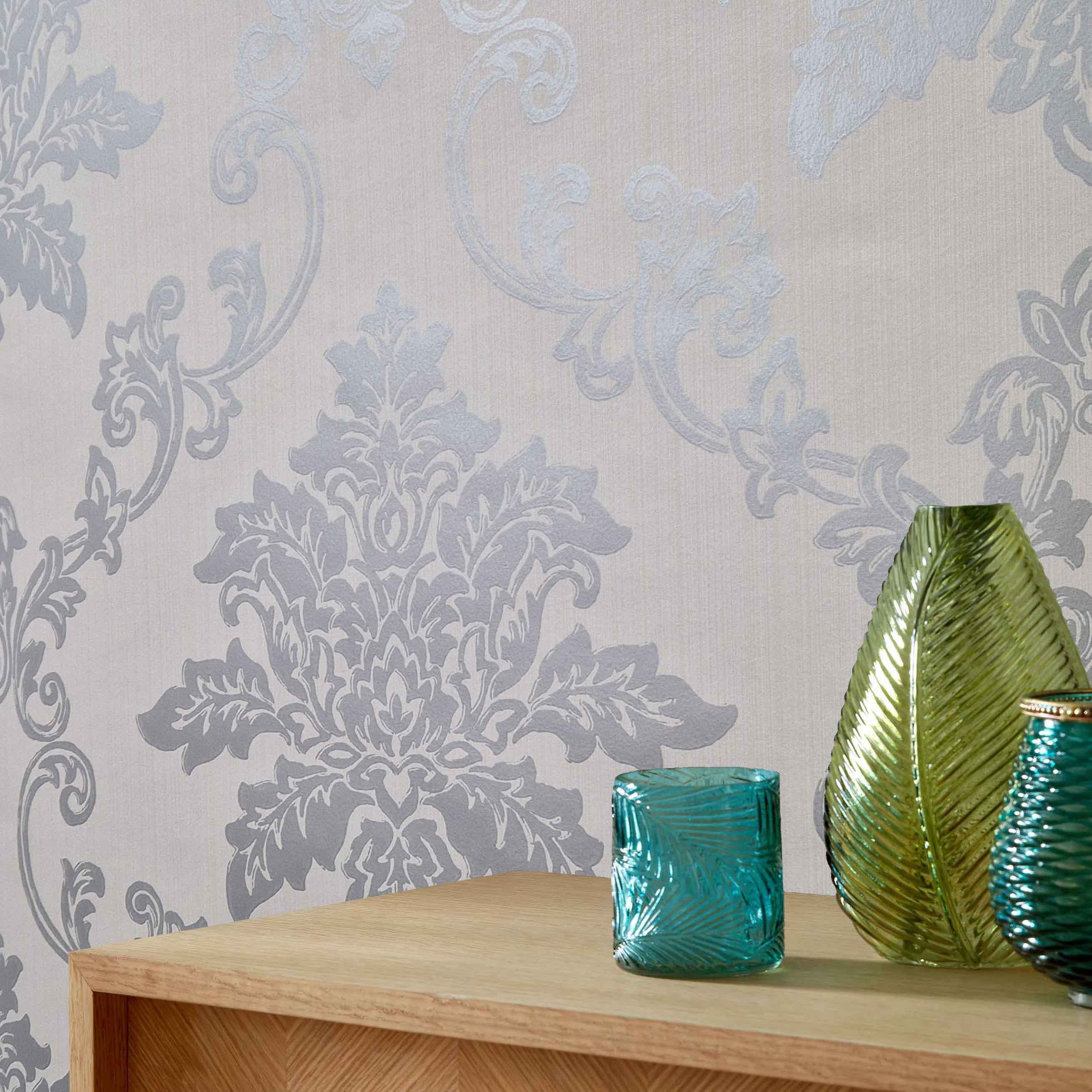 Hampton Silver Luxury Damask Wallpaper