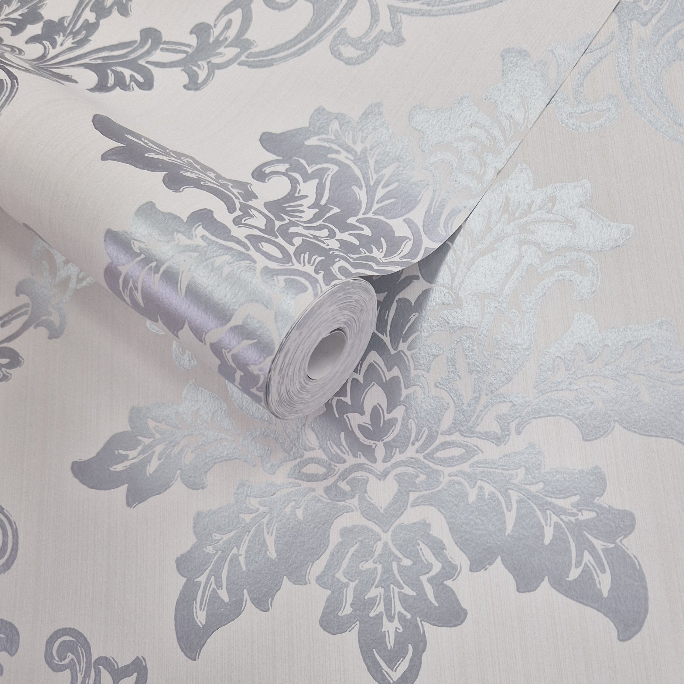 Hampton Silver Luxury Damask Wallpaper