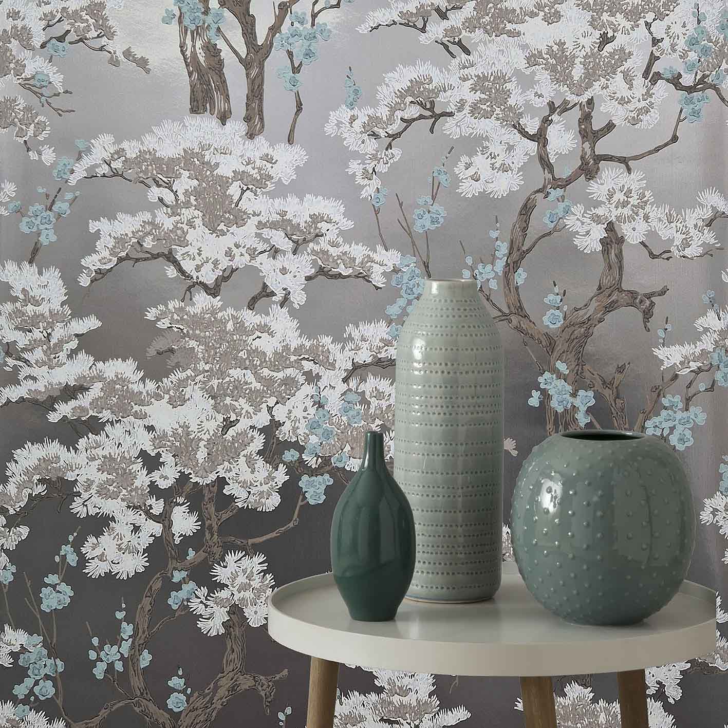 Harewood Foil Silver Luxury Chinoiserie Wallpaper