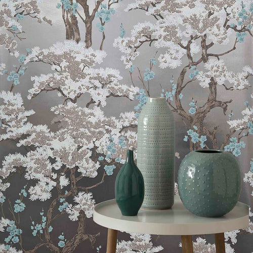 Harewood Foil Silver Luxury Chinoiserie Wallpaper