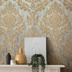 Faversham Natural Gold Luxury Flock Wallpaper