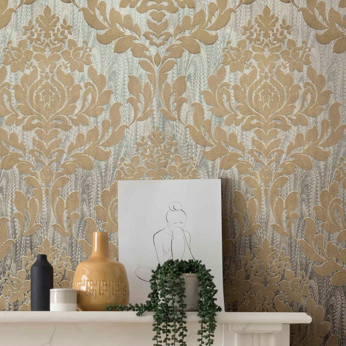 Faversham Natural | Gold Flock Wallpaper | 1838 Wallcoverings
