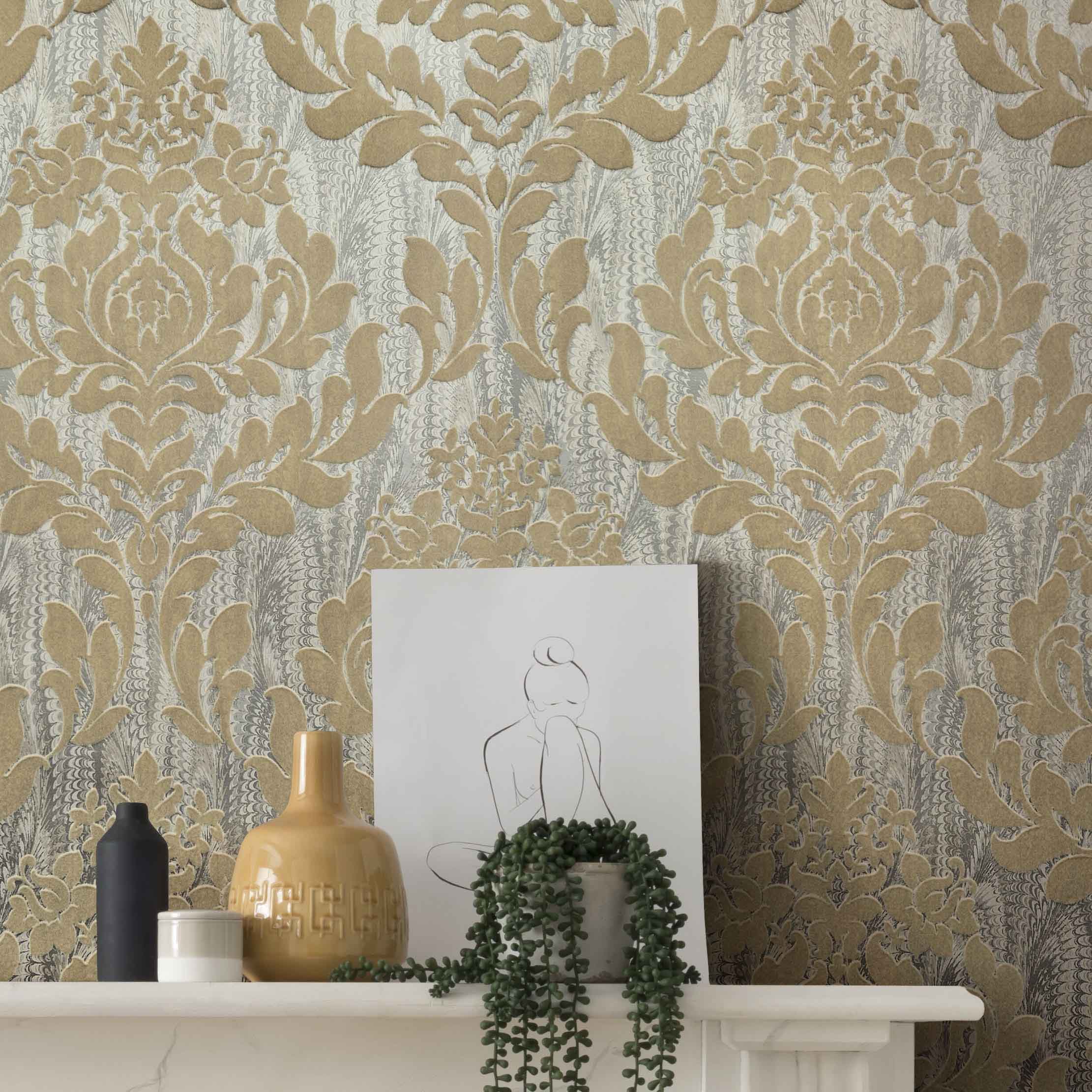 Faversham Natural Gold Luxury Flock Wallpaper