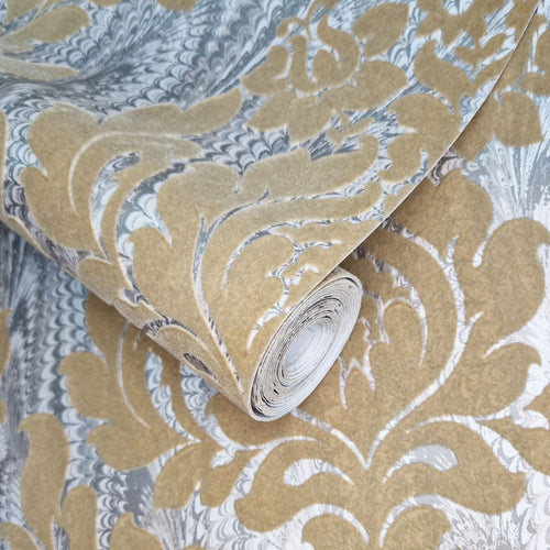 Faversham Natural Gold Luxury Flock Wallpaper