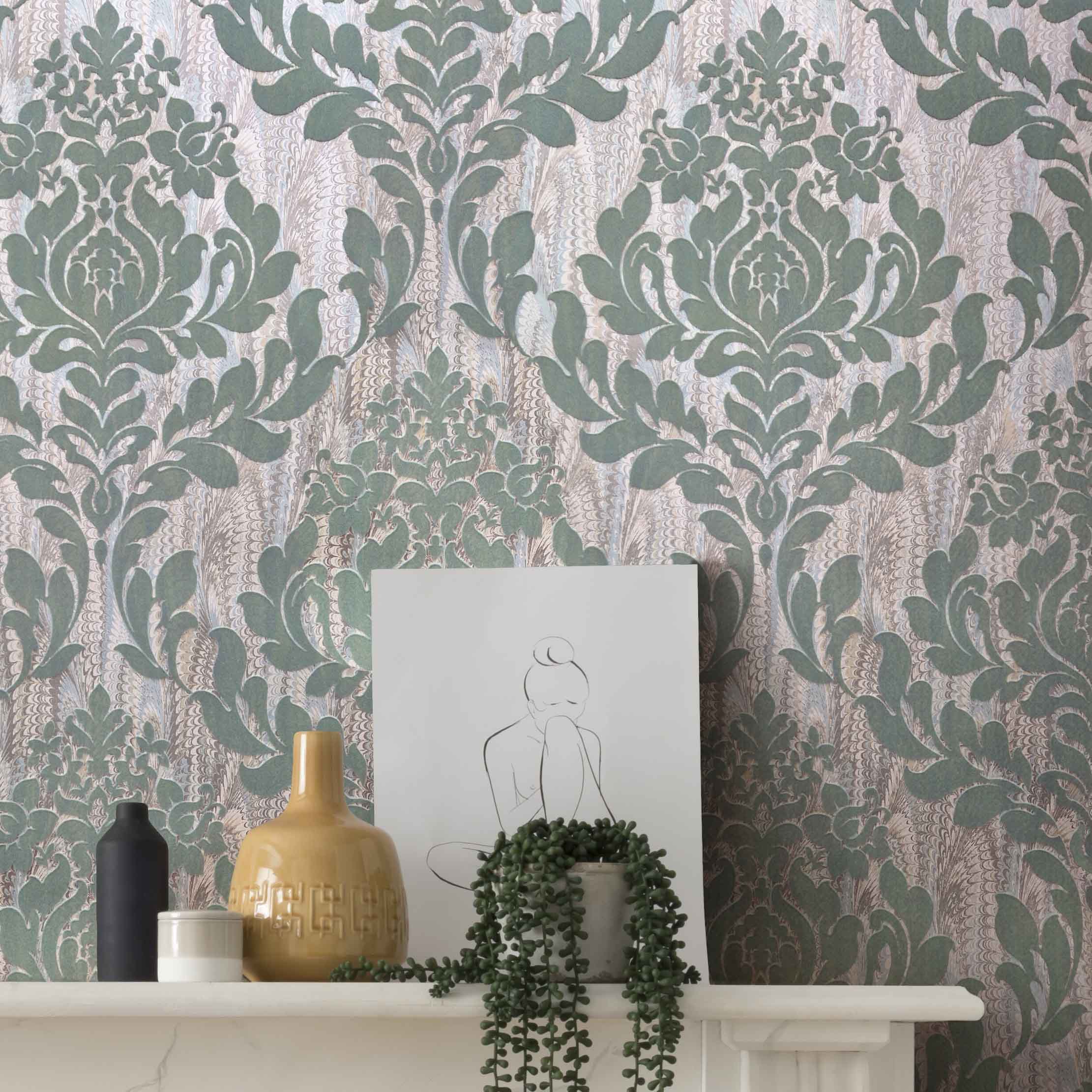 Faversham Seafoam Green Luxury Flock Wallpaper