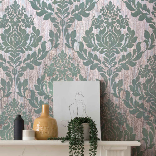 Faversham Seafoam Green Luxury Flock Wallpaper