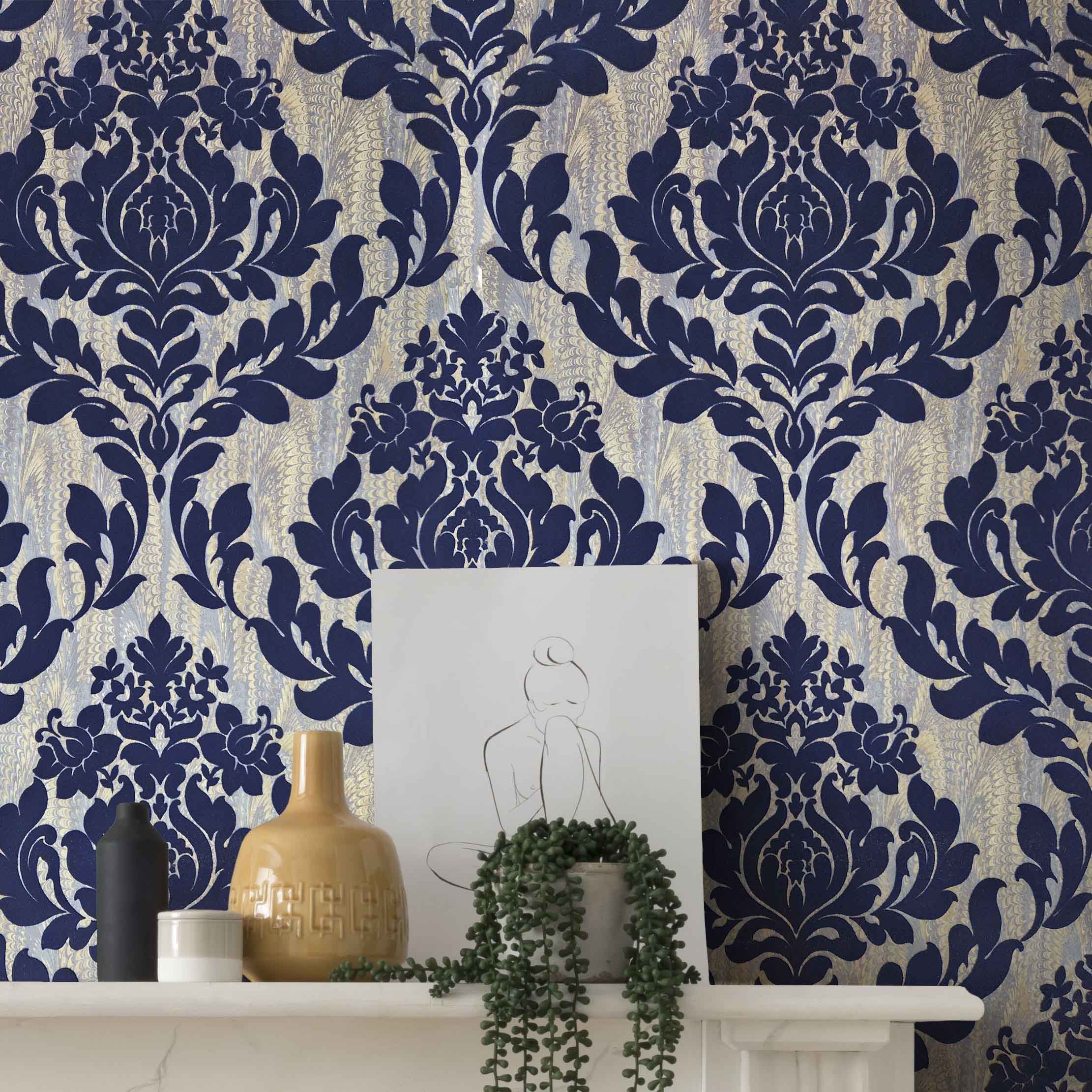 Faversham Navy Blue Luxury Flock Wallpaper
