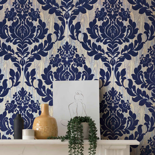 Faversham Navy Blue Luxury Flock Wallpaper