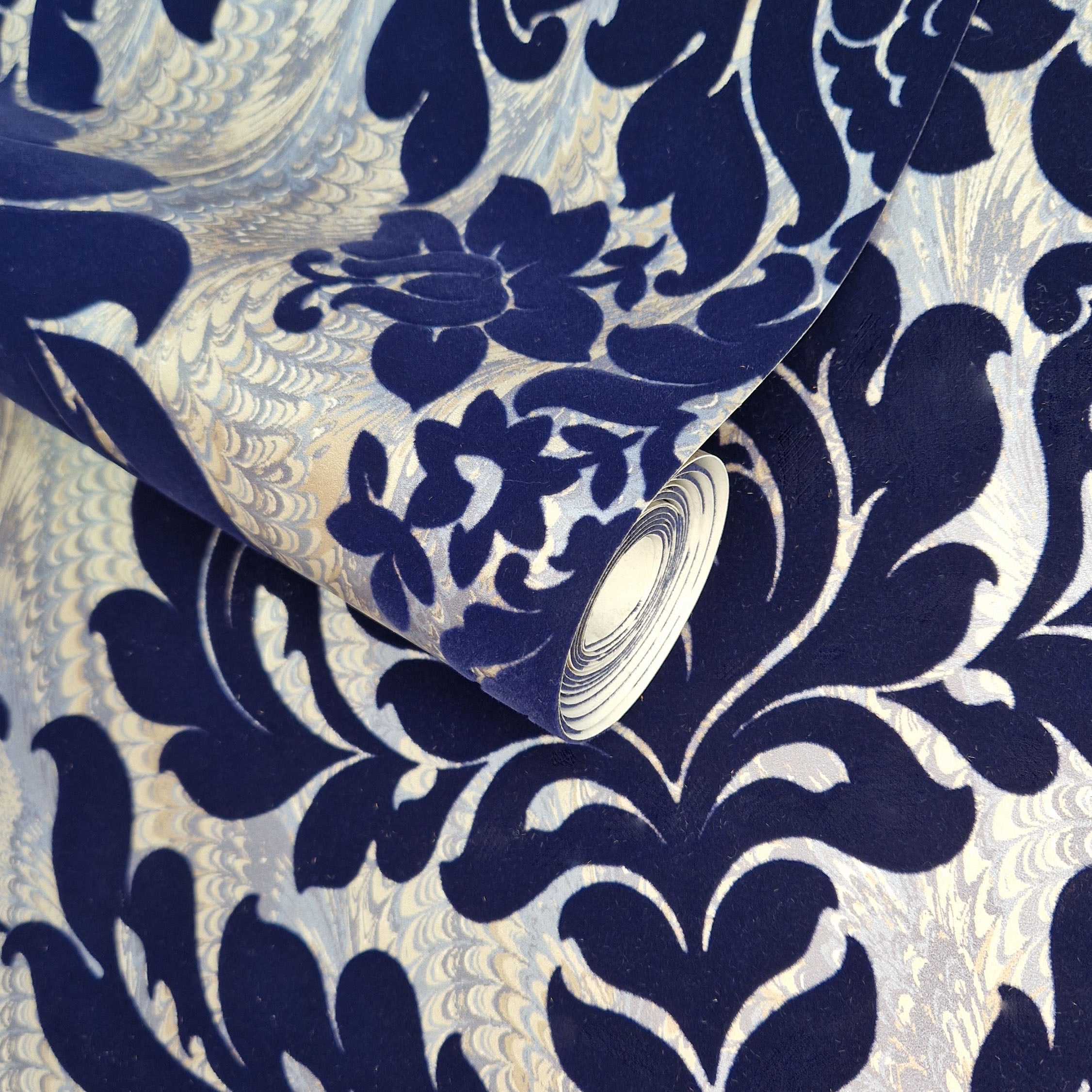 Faversham Navy Blue Luxury Flock Wallpaper