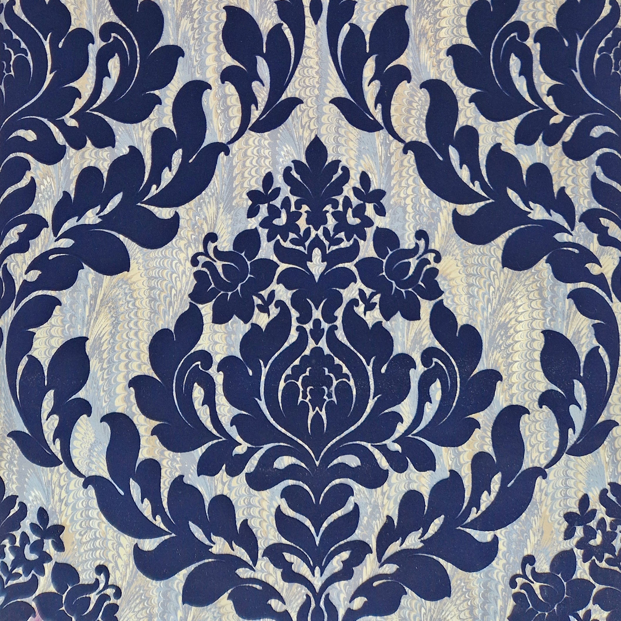 Faversham Navy Blue Luxury Flock Wallpaper