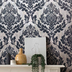 Faversham Charcoal Black Luxury Flock Wallpaper