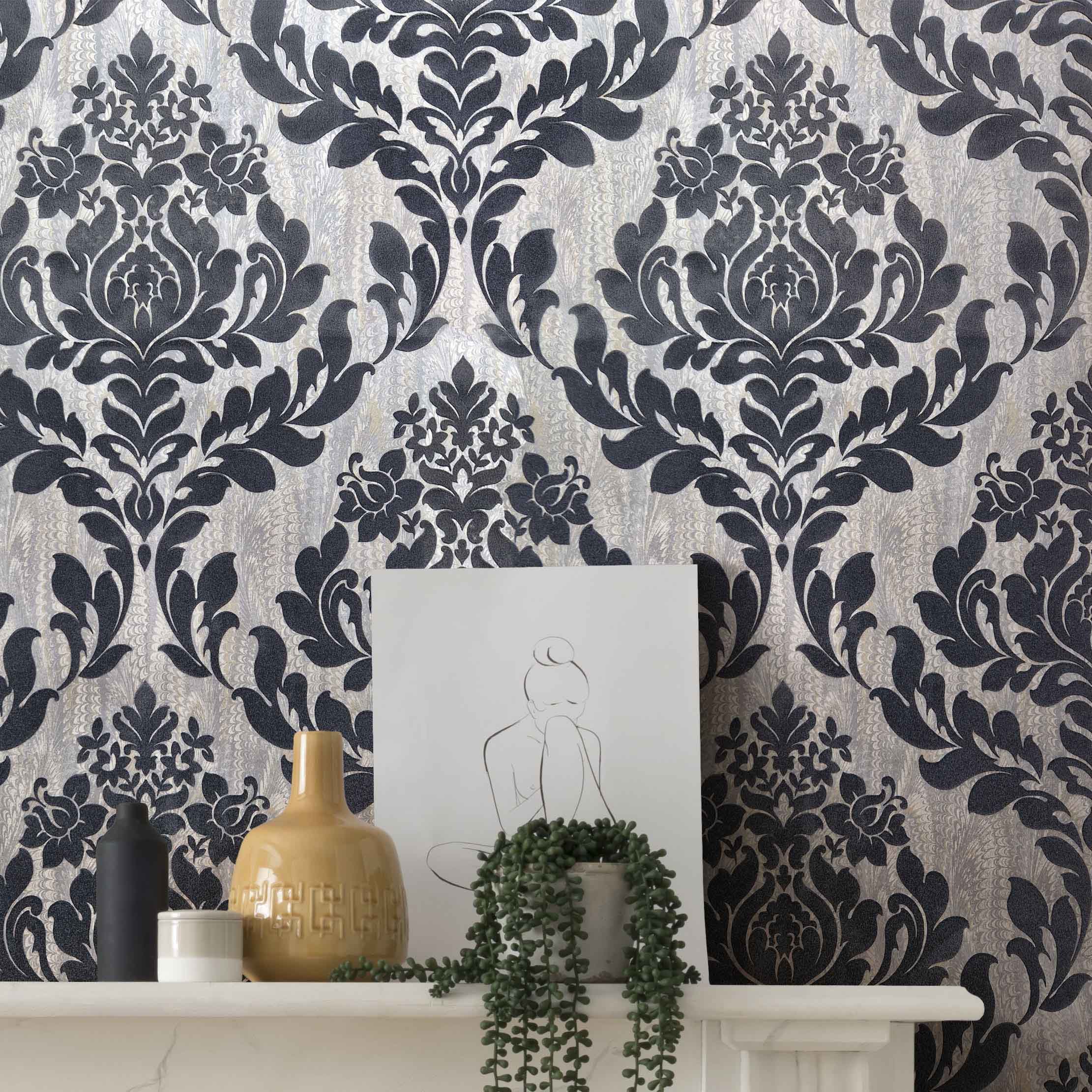 Faversham Charcoal Black Luxury Flock Wallpaper