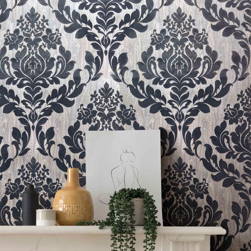 Faversham Charcoal Black Luxury Flock Wallpaper