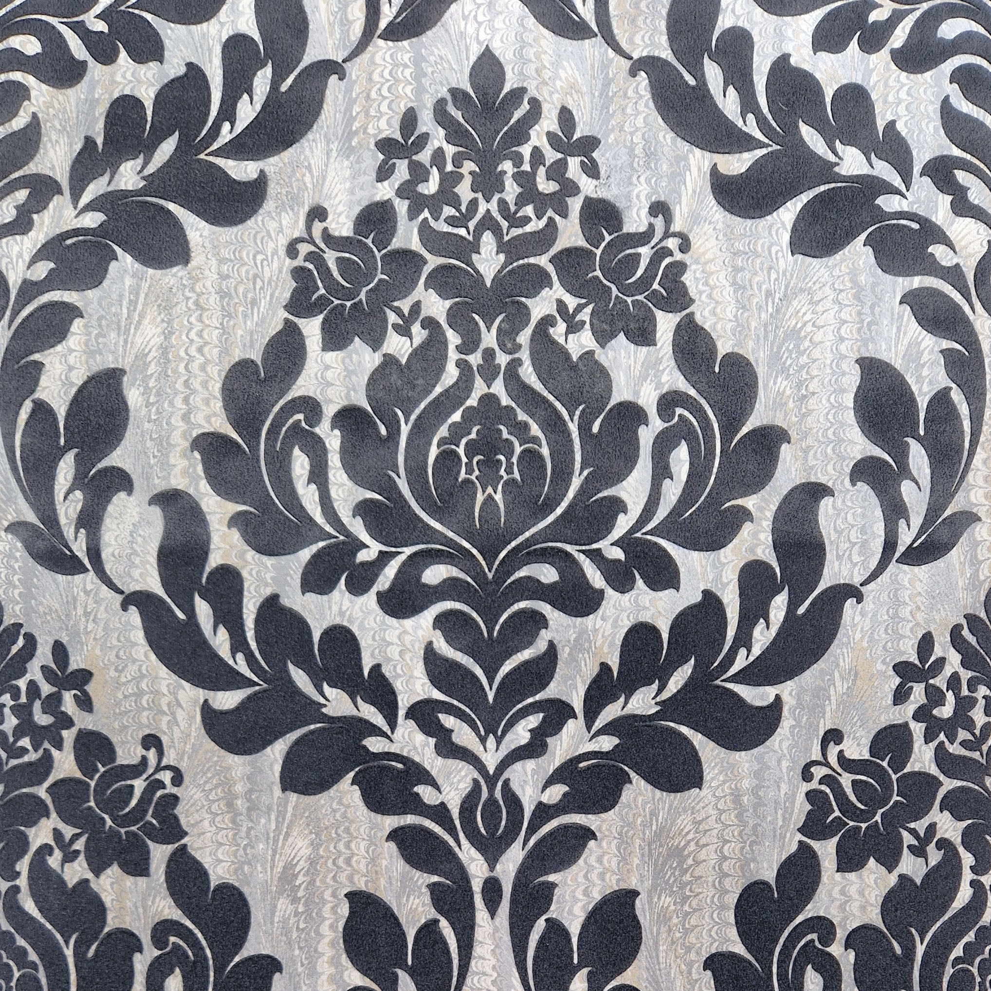 Faversham Charcoal Black Luxury Flock Wallpaper