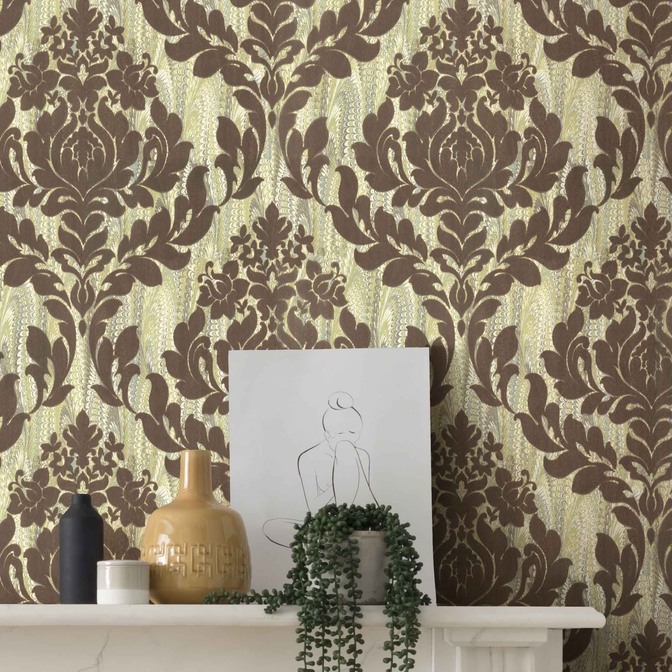 Faversham Moss Green Luxury Flock Wallpaper