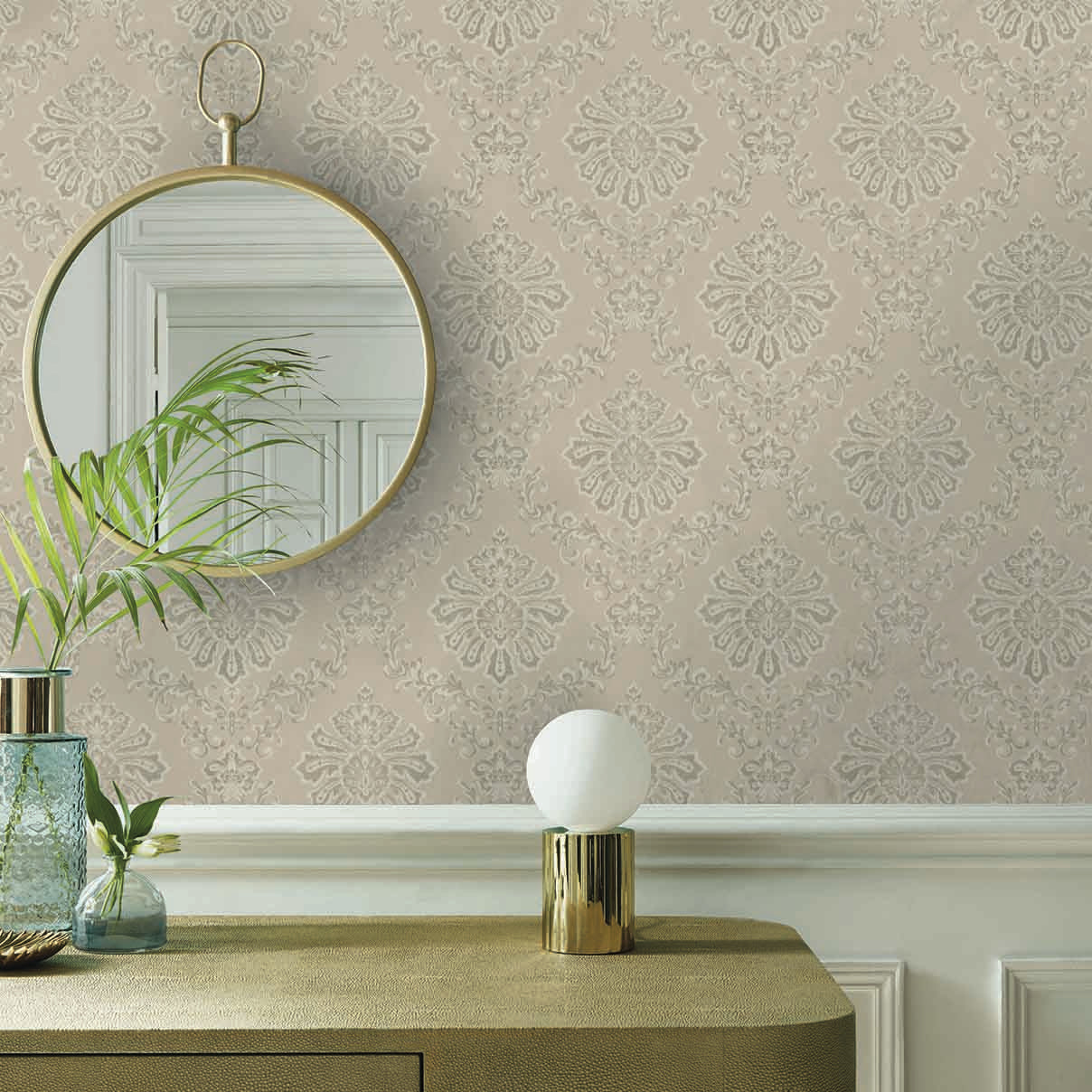 Broughton Taupe Natural Luxury Damask Wallpaper
