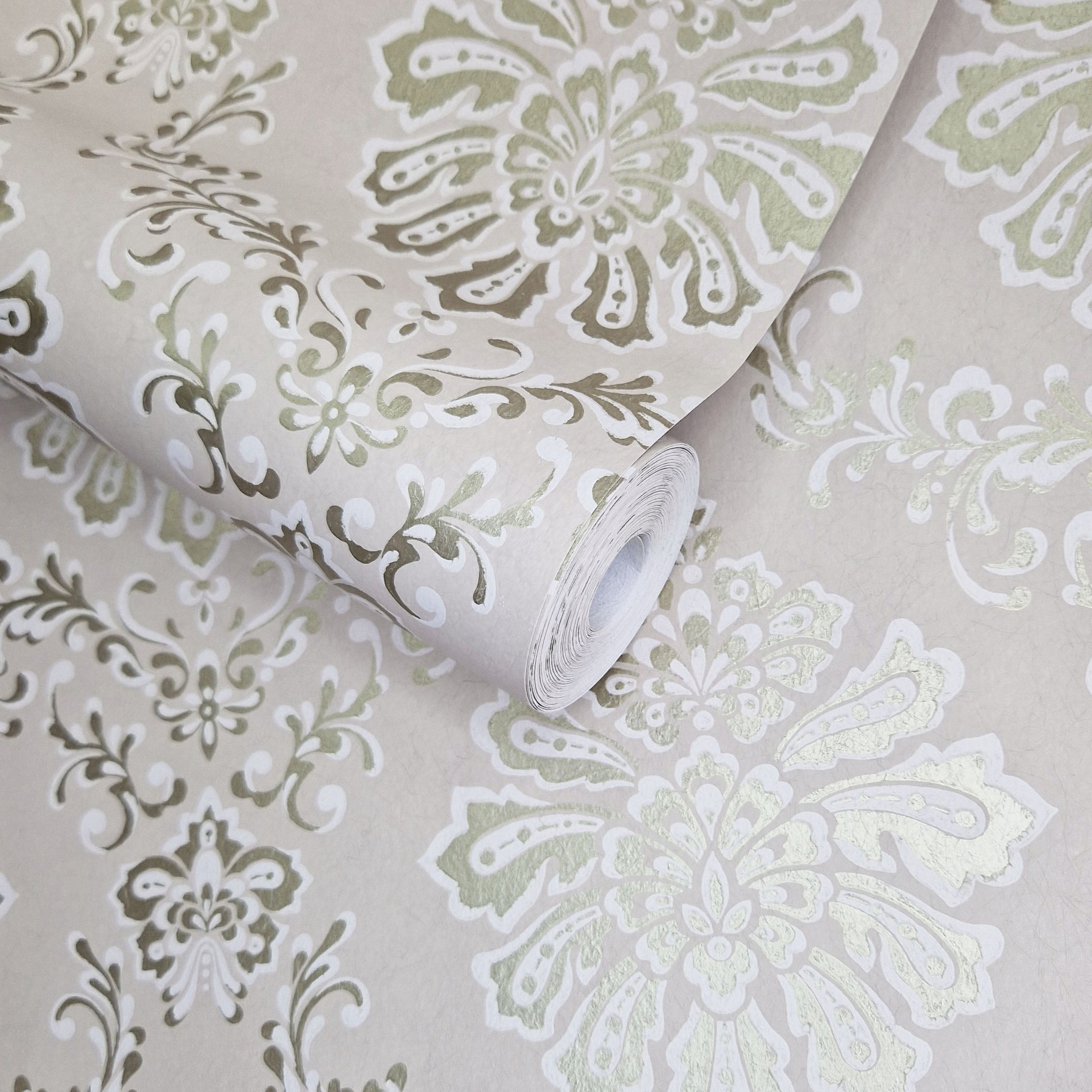 Broughton Taupe Natural Luxury Damask Wallpaper