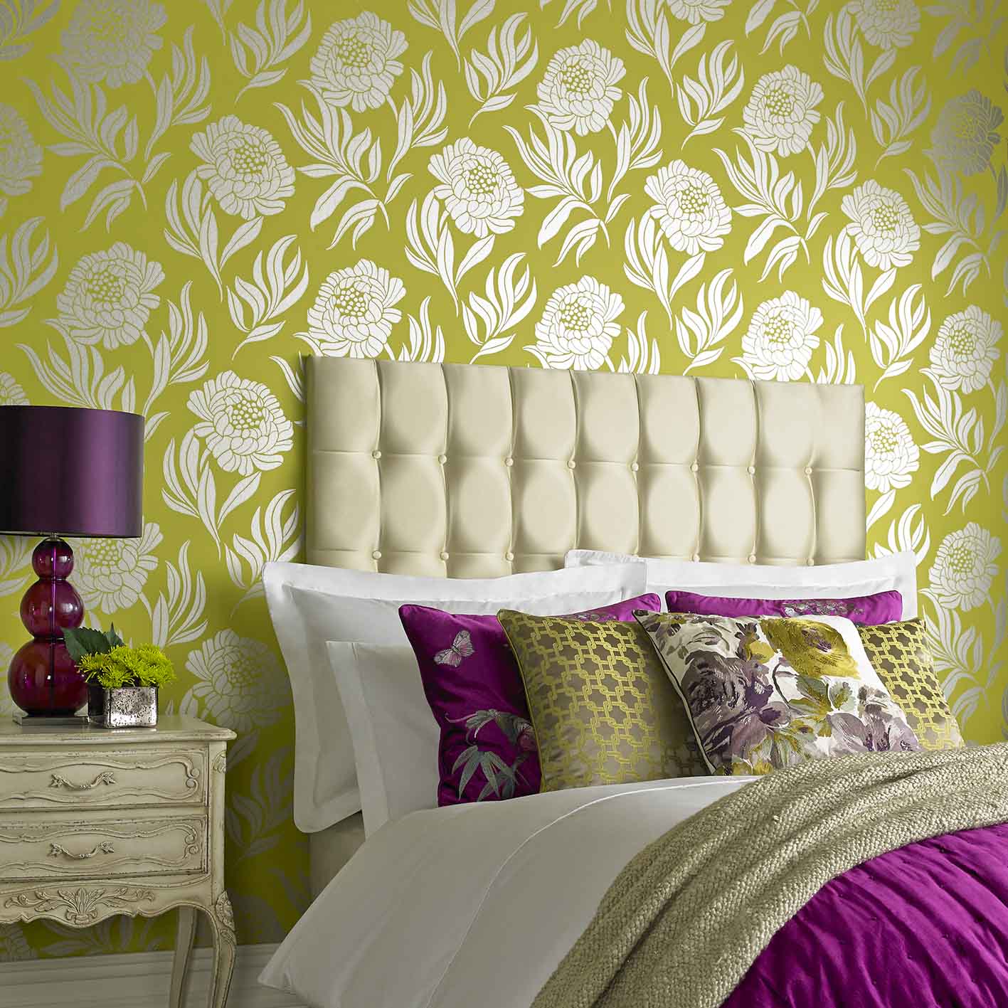 Chatsworth Lime Green Luxury Floral Wallpaper