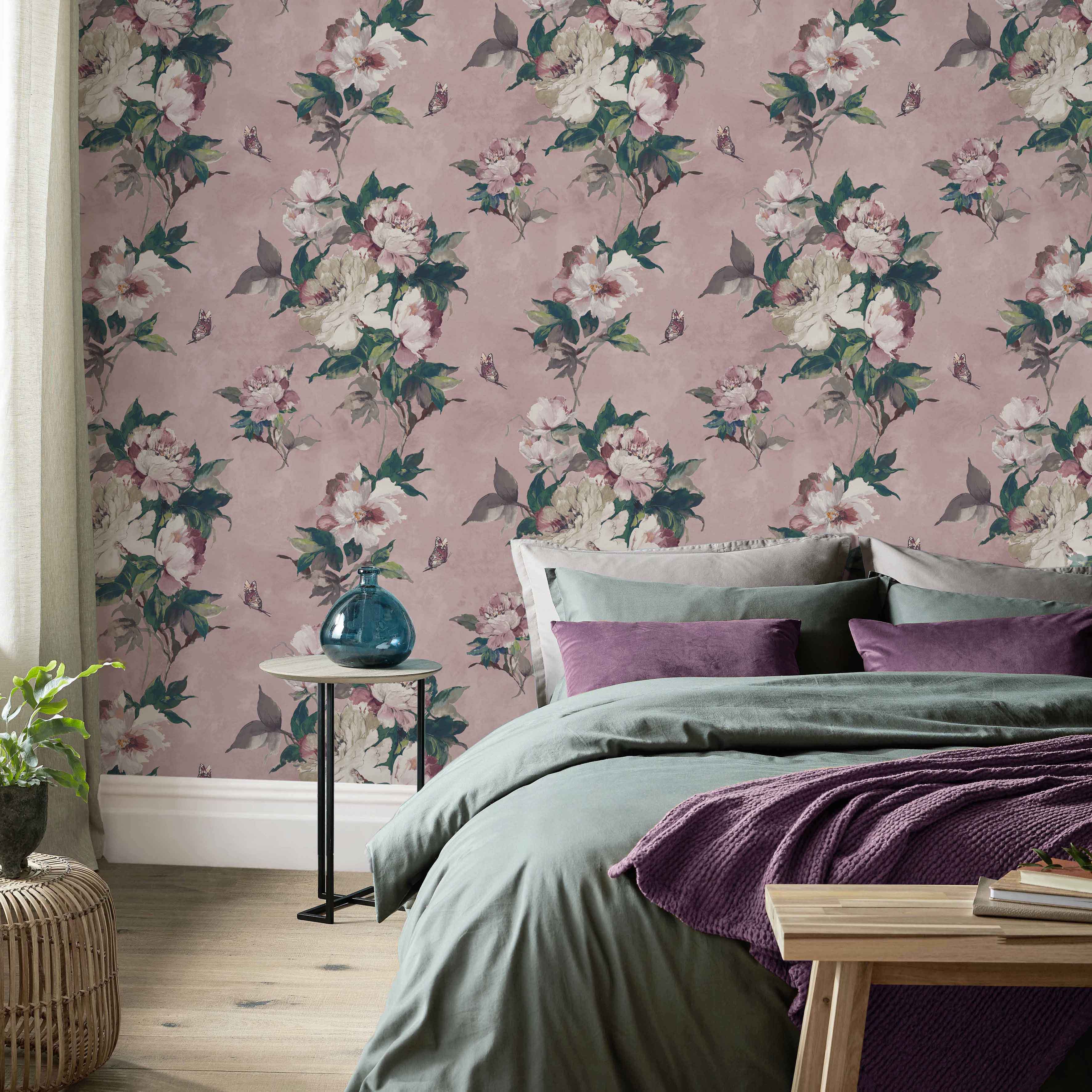 Madama Butterfly Blush Pink Luxury Floral Wallpaper