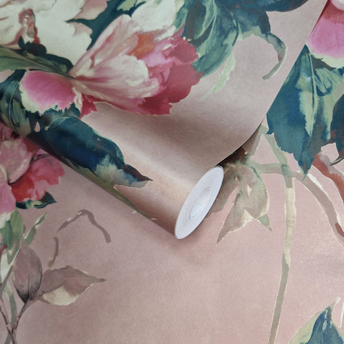 Madama Butterfly Coral Rose Gold Luxury Floral Wallpaper