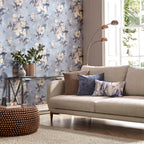 Madama Butterfly Denim Blue Luxury Floral Wallpaper
