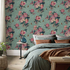 Madama Butterfly Teal Green Luxury Floral Wallpaper