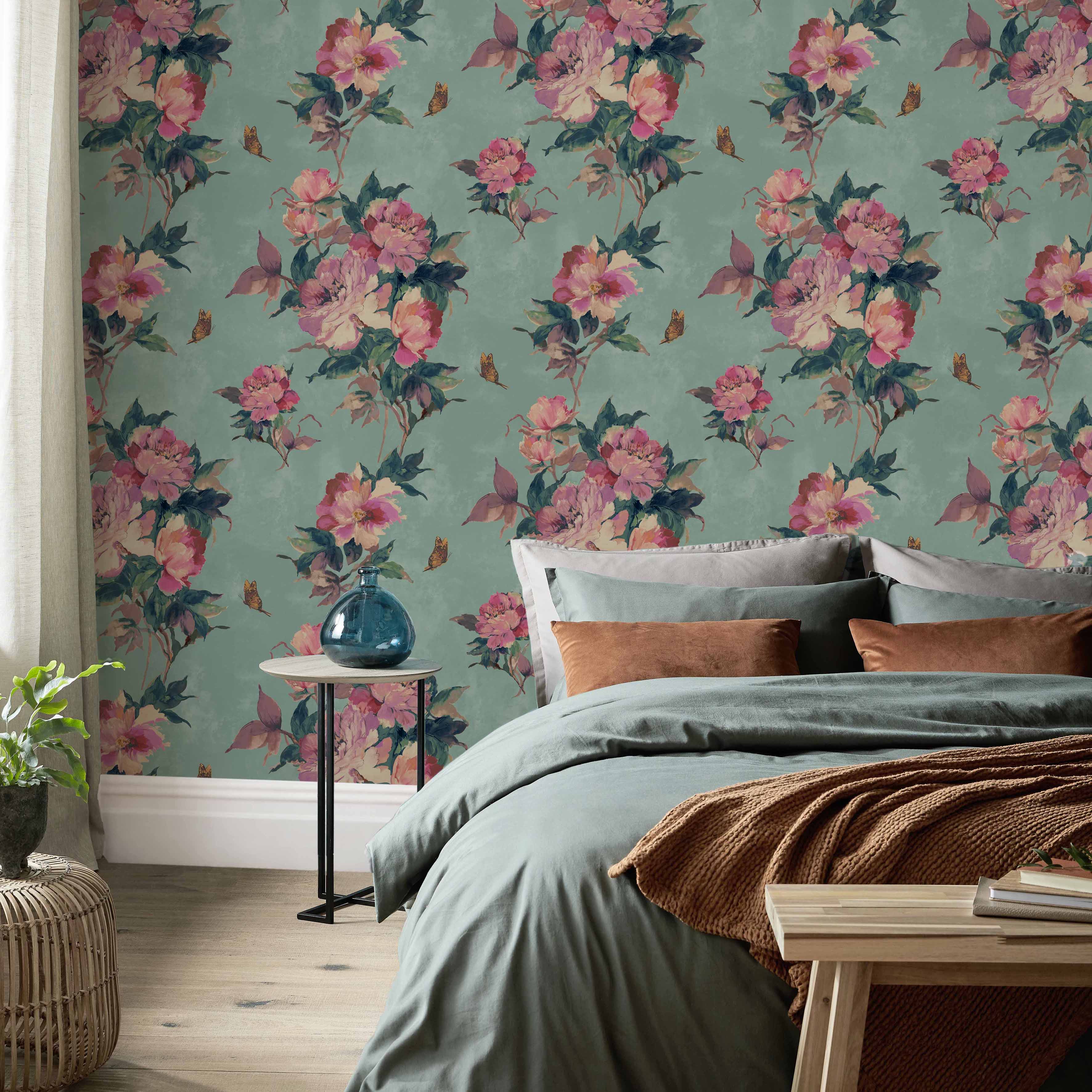 Madama Butterfly Teal Green Luxury Floral Wallpaper