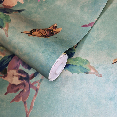 Madama Butterfly Teal Green Luxury Floral Wallpaper