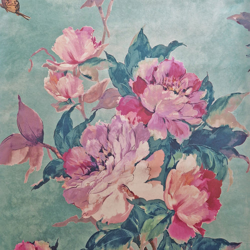 Madama Butterfly Teal Green Luxury Floral Wallpaper