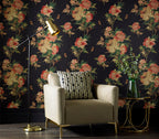 Madama Butterfly Ebony Black Luxury Floral Wallpaper