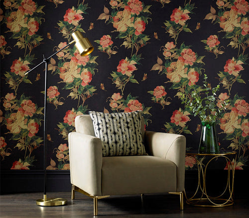 Madama Butterfly Ebony Black Luxury Floral Wallpaper