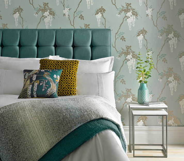 Leonora Teal Green Luxury Floral Wallpaper