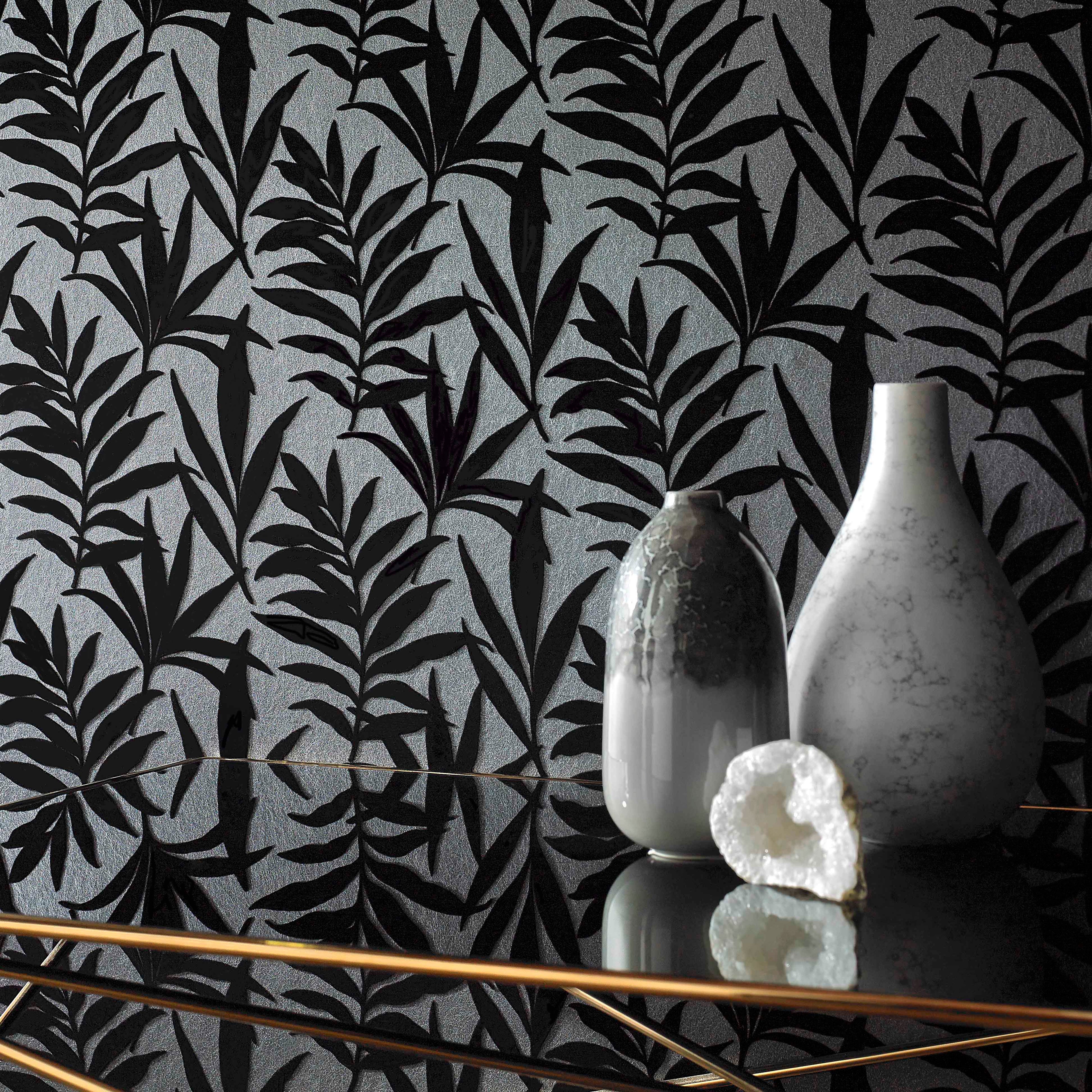 Verdi Ebony Black Luxury Flock Wallpaper