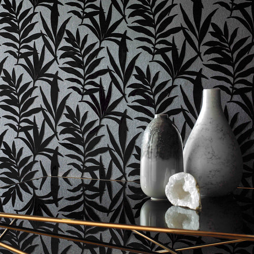 Verdi Ebony Black Luxury Flock Wallpaper