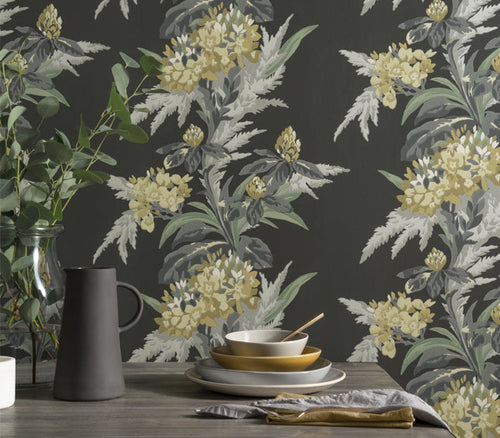 Aurora Jet Black Luxury Floral Wallpaper