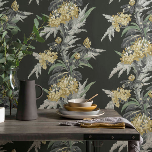 Aurora Jet Black Luxury Floral Wallpaper