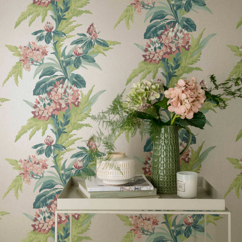 Aurora Moss Green and Pink Luxury Floral Wallpaper