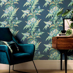 Aurora Lagoon Blue Luxury Floral Wallpaper
