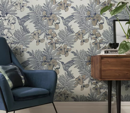 Hummingbird Lagoon Blue Luxury Floral Wallpaper