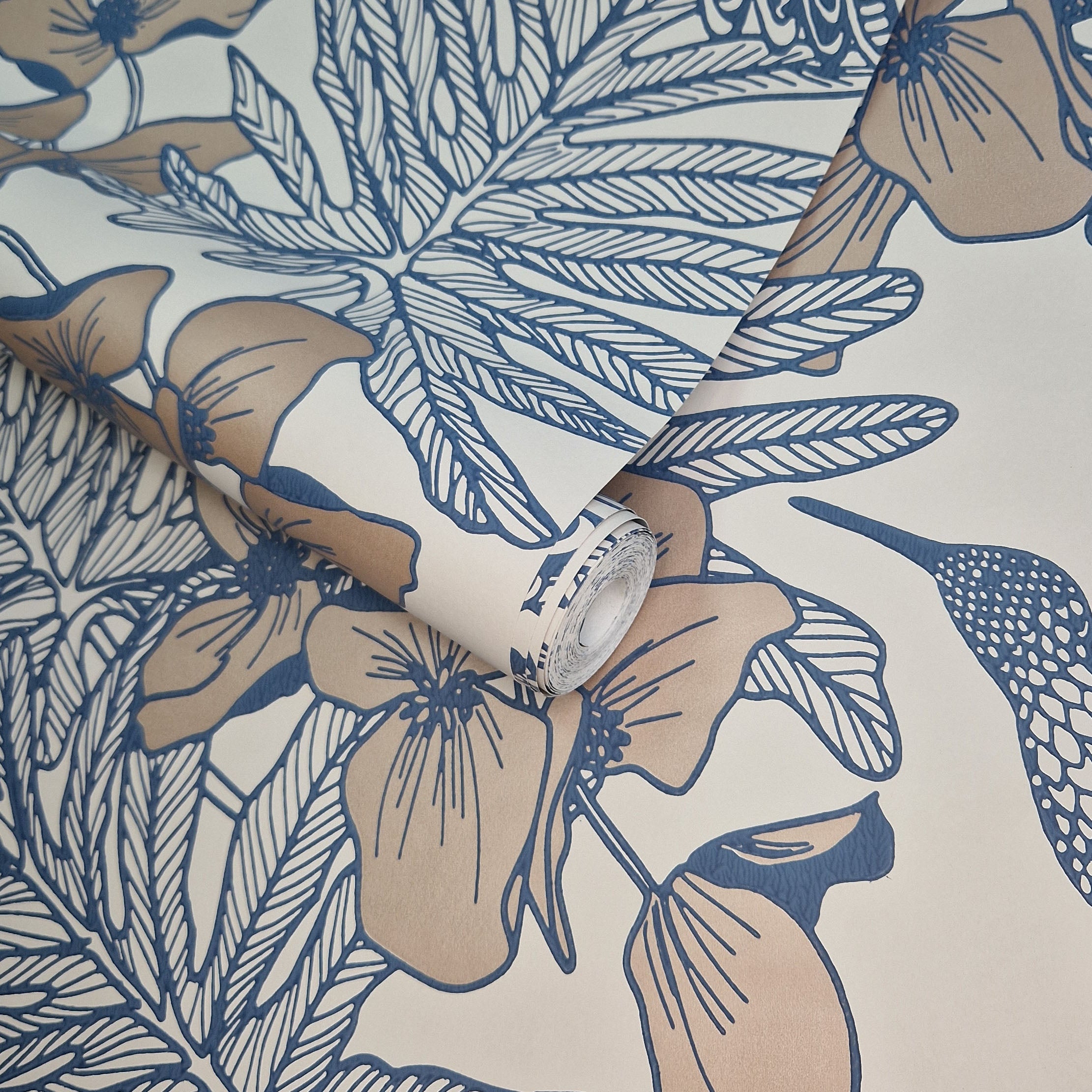 Hummingbird Lagoon Blue Luxury Floral Wallpaper