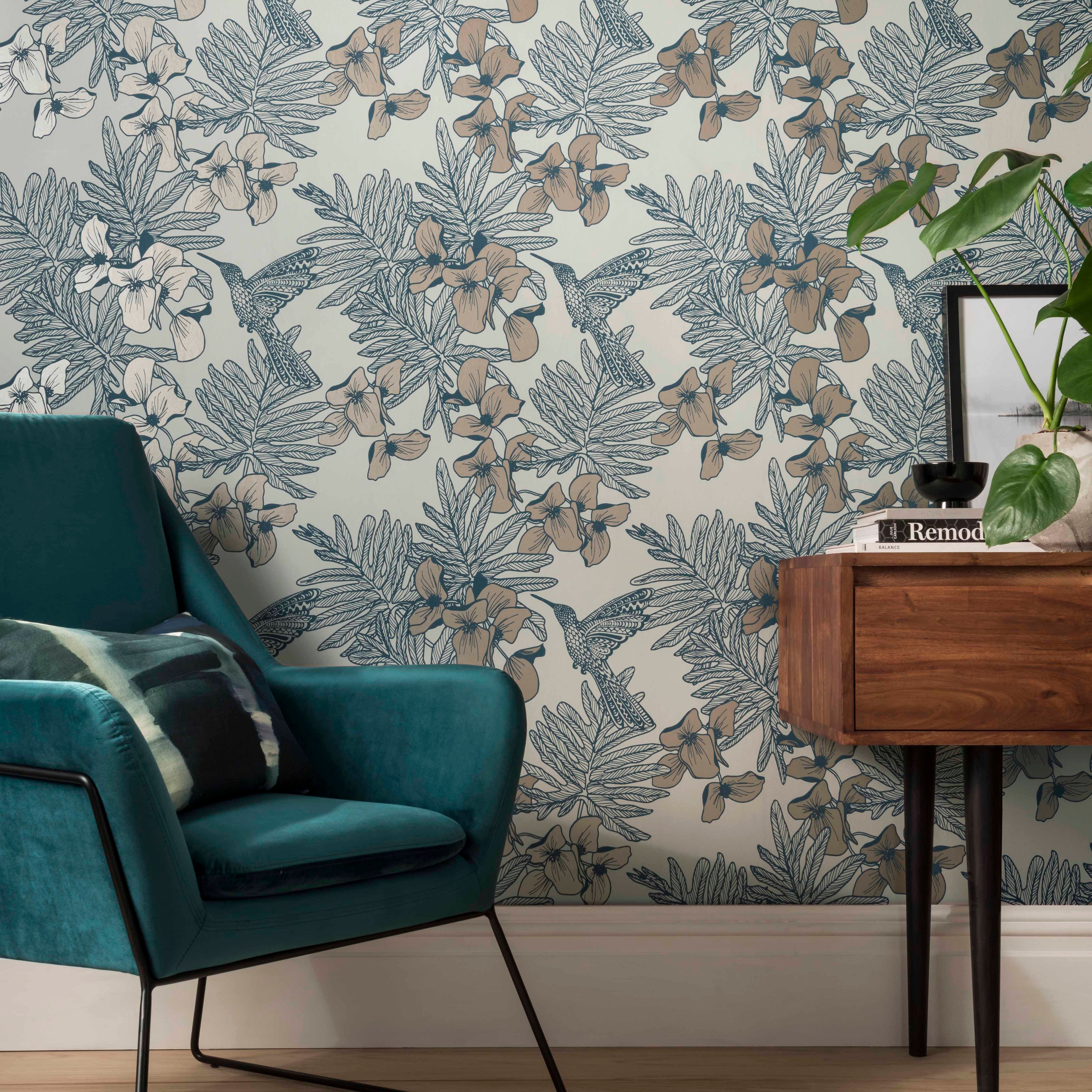 Hummingbird Lagoon Blue Luxury Floral Wallpaper
