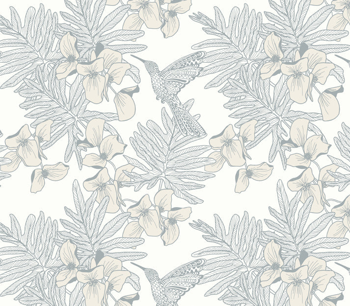 Hummingbird Mist Grey Luxury Floral Wallpaper